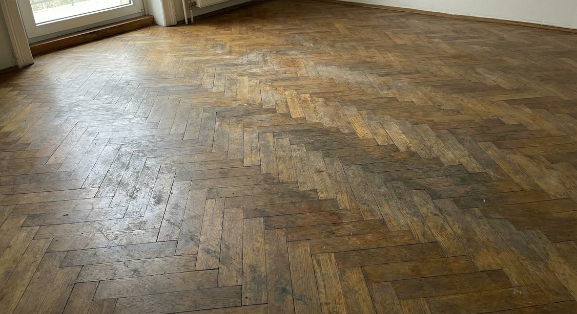 Parkiet przed cyklinowaniem — zniszczona, zarysowana podłoga